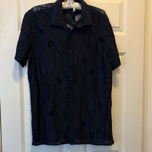 Men's Short-Sleeve Navy Crochet Button-Down Shirt